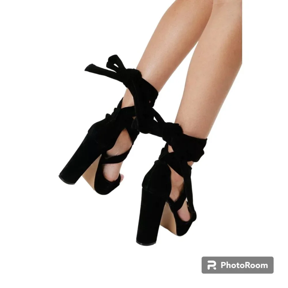 Nasty Gal On the Up lace up chunky platform heels Sandal Shoe Faux Suede sz 8‎